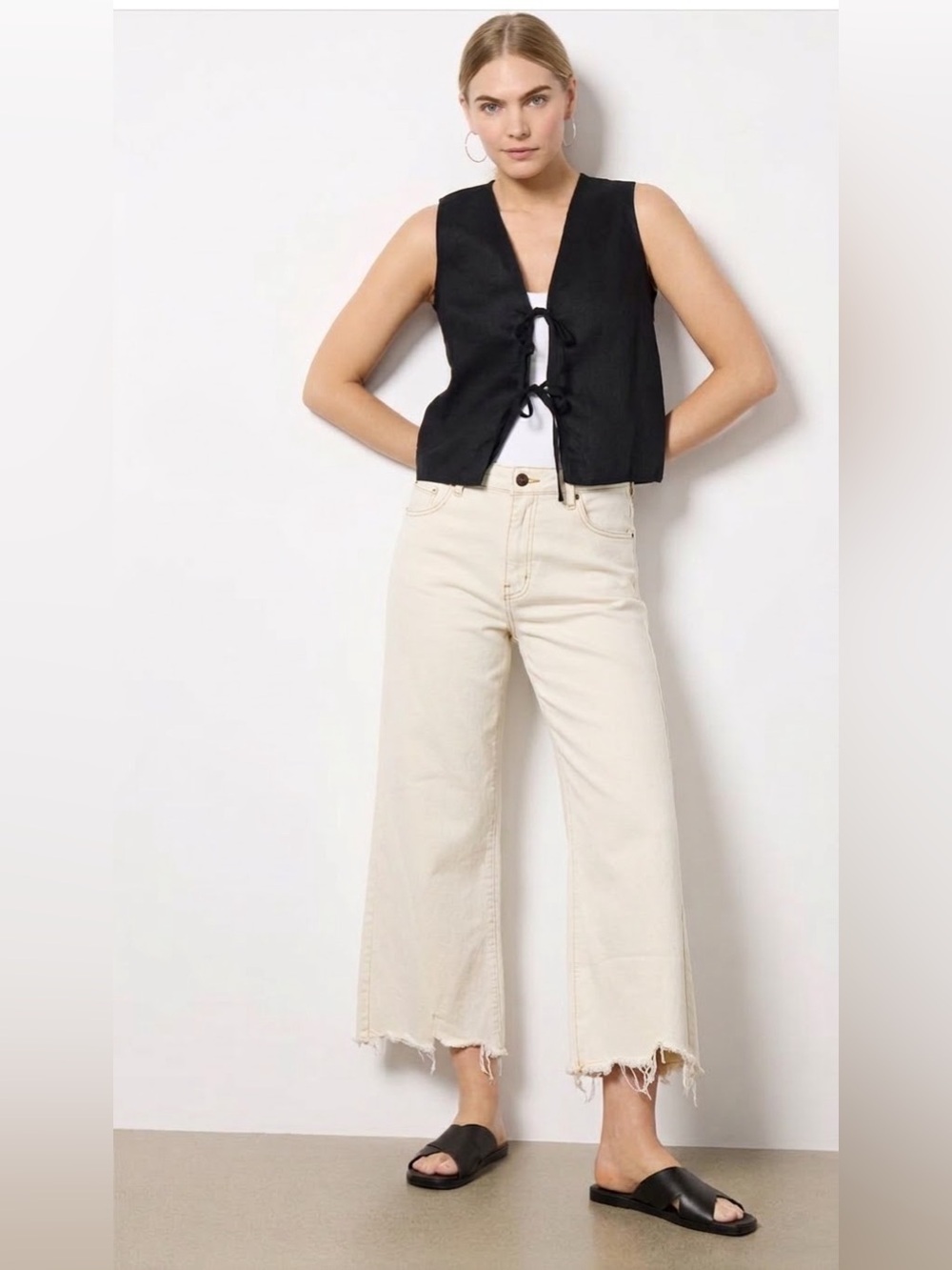 Kut From The Kloth Meg High Rise Fab Ab Wide Leg Raw Frayed Hem Cream Size 14